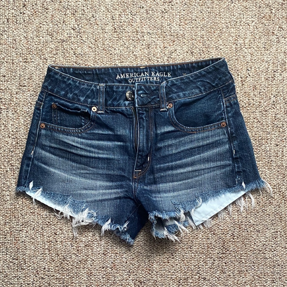 American Eagle Outfitters Dark Blue Frayed Jean Shorts